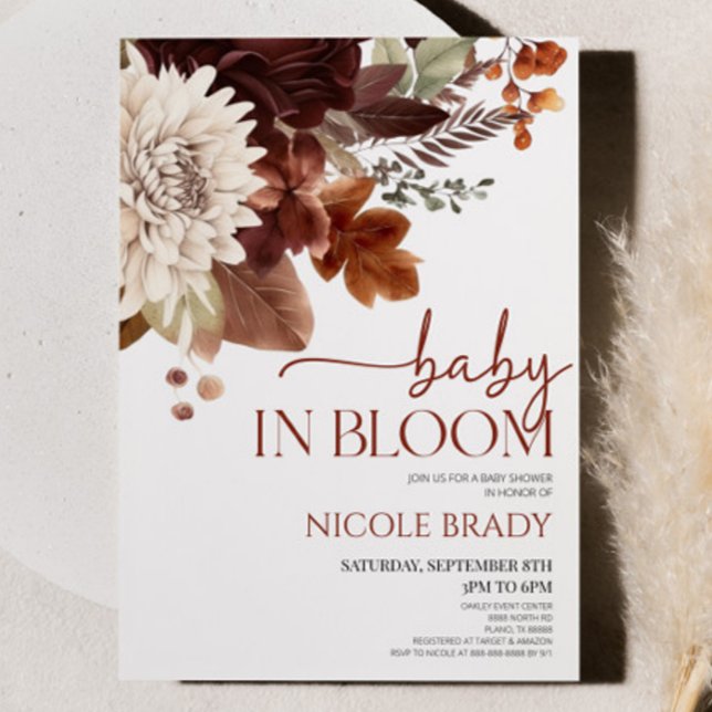 Baby In Bloom Brown Burgundy Floral Baby Shower Invitation (Creator Uploaded)