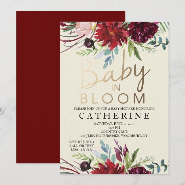 Baby In Bloom, Burgundy Floral Baby Shower Invitation (Front/Back)