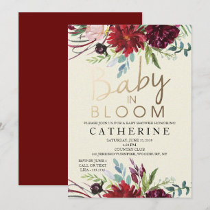 Baby In Bloom, Burgundy Floral Baby Shower Invitation
