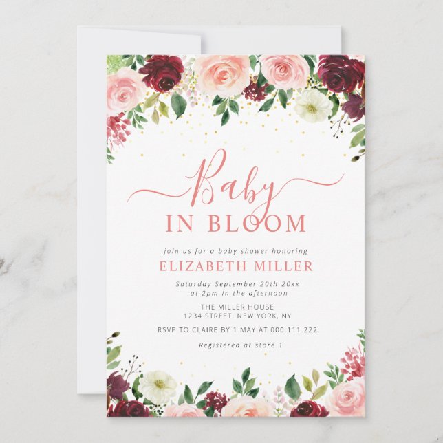 baby in bloom burgundy pink floral baby shower invitation (Front)