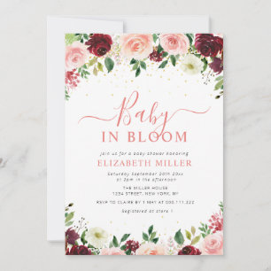 baby in bloom burgundy pink floral baby shower invitation