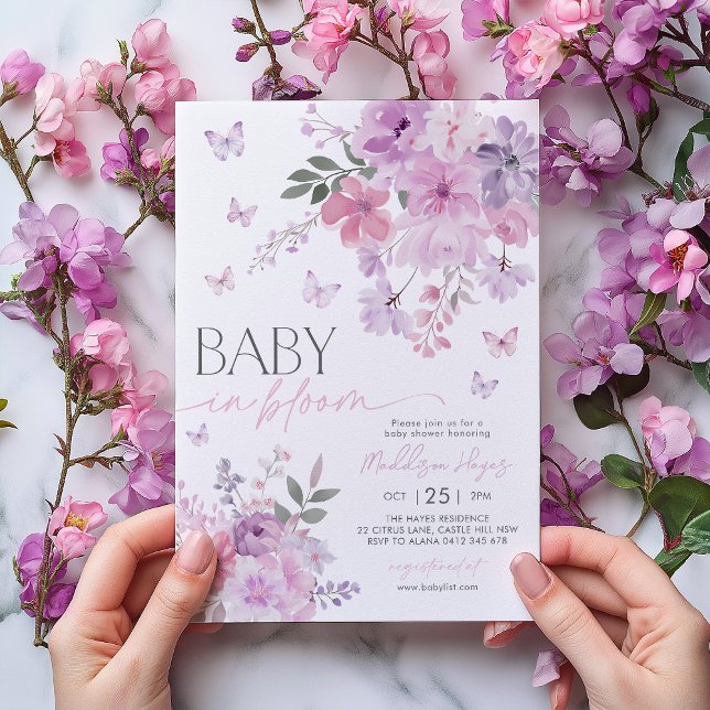 Baby in Bloom Butterfly Floral Purple Baby Shower Invitation (Baby in Bloom Butterfly Baby Shower Invitation | Pink and Purple Flowers and Butterflies)