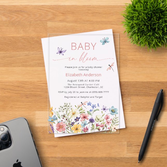 Baby in Bloom Butterfly Wildflower Baby Shower  Acrylic Invitations (Insitu (Invitation Card))