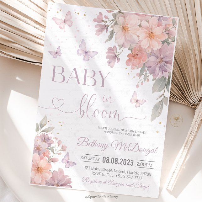 Baby in Bloom Butterfly Wildflower Baby Shower  Invitation (Babby in Bloom Butterfly Baby Shower Invitation  Pink Purple Butterflies Wildflower Garden )