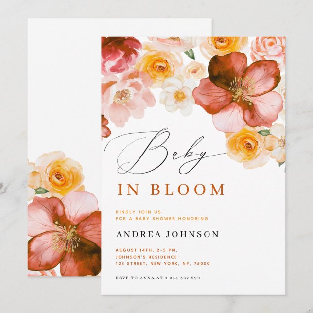 Baby in Bloom Chic Autumn Flowers Girl Baby Shower Invitation (Front/Back)