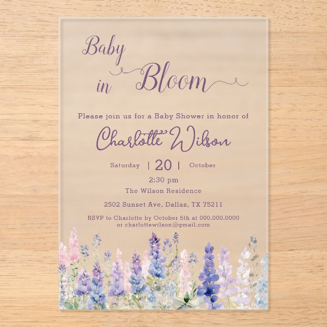 Baby In Bloom Colourful Lupine Flowers Baby Shower Acrylic Invitations (Front)