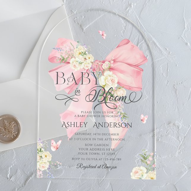 Baby in Bloom Cute Floral Pink Bow Baby Shower Acrylic Invitations (Creator Uploaded)
