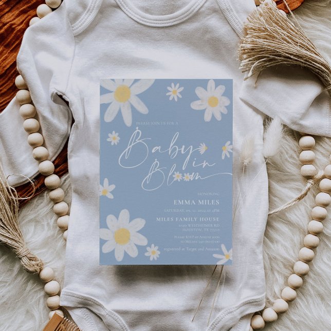Baby In Bloom Daisy Baby Shower Dusty Blue Invitation (Creator Uploaded)