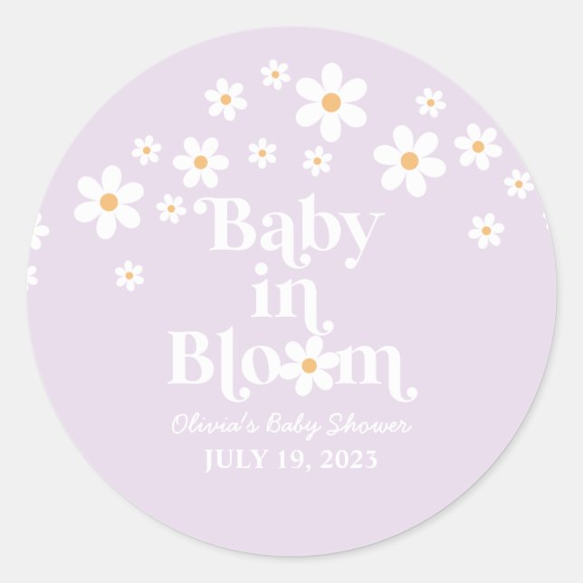 Baby in Bloom Daisy lavender Baby Shower Classic Round Sticker (Front)