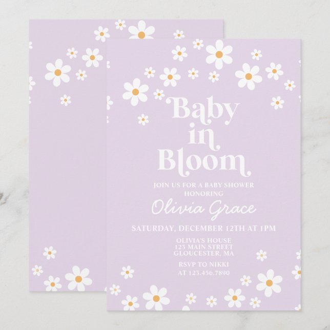 Baby in Bloom Daisy Lavender Retro Baby Shower Invitation (Front/Back)