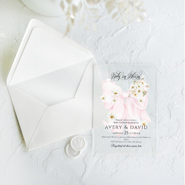 Baby in Bloom Daisy Pink Bow Girl Baby Shower Acrylic Invitations (Creator Uploaded)