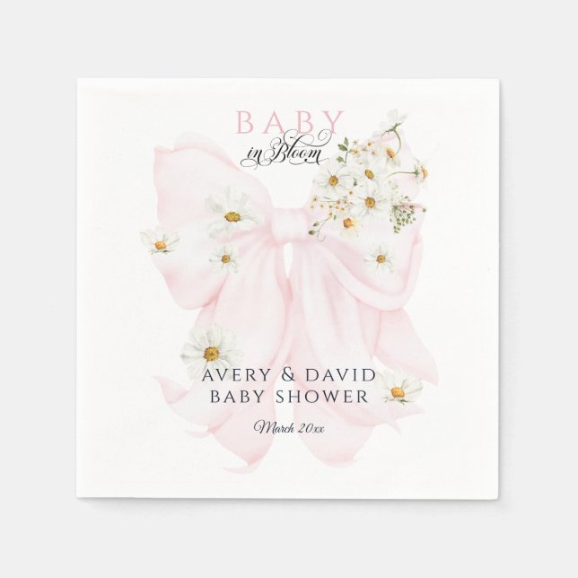 Baby in Bloom Daisy Pink Bow Girl Baby Shower Napkin (Front)