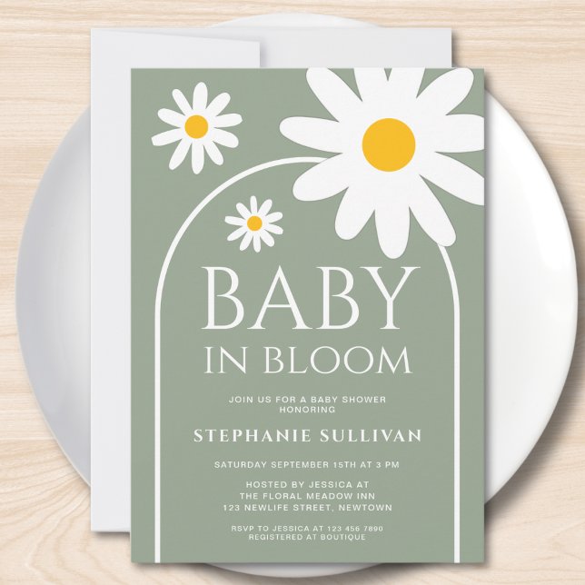 Baby in Bloom Daisy Sage Green Baby Shower Invitation (Creator Uploaded)