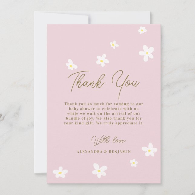 Baby in Bloom Daisy Spring Pink Boho Girl Shower Thank You Card (Front)