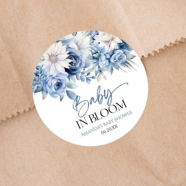 Baby In Bloom Dusty Blue Floral Baby Shower Classic Round Sticker (Creator Uploaded)