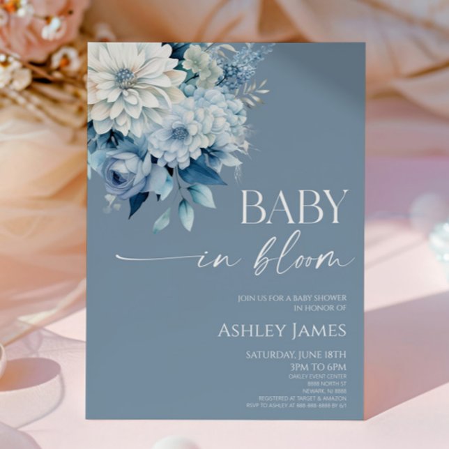 Baby In Bloom Dusty Blue Floral Baby Shower Invitation (Creator Uploaded)