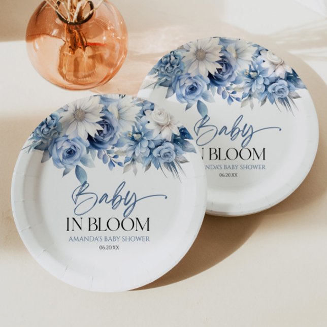 Baby In Bloom Dusty Blue Floral Baby Shower Paper Plate (Creator Uploaded)