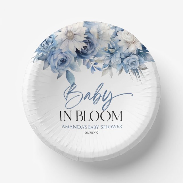 Baby In Bloom Dusty Blue Floral Baby Shower Paper Plate (Front)