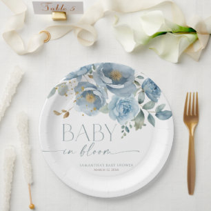 Baby in Bloom Dusty blue floral boy baby shower Paper Plate