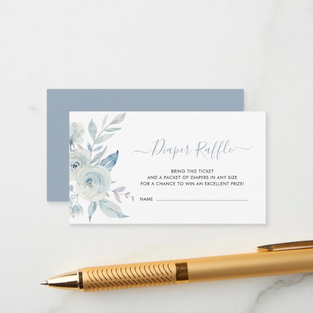 baby in bloom dusty blue floral diaper raffle card (Front/Back In Situ)