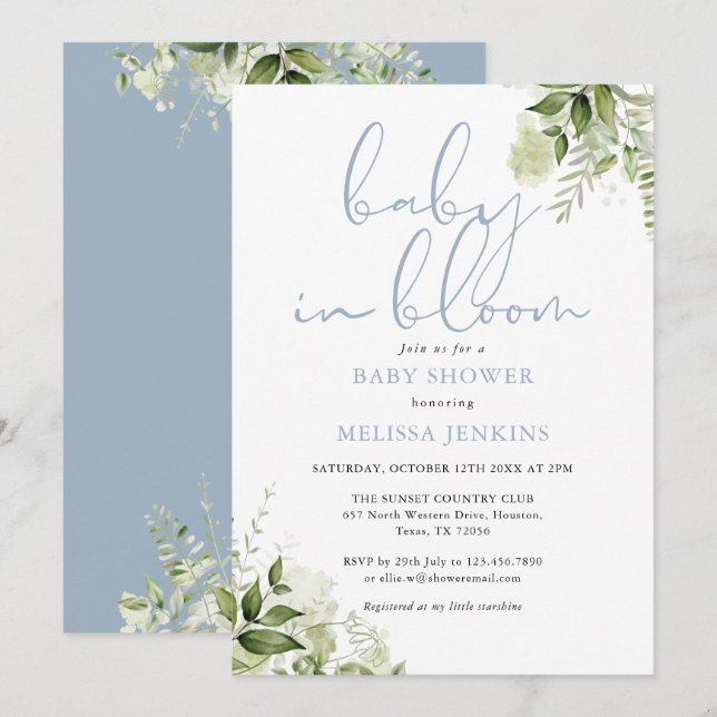 Baby In Bloom Dusty Blue Greenery Baby Shower Invitation (Front/Back)