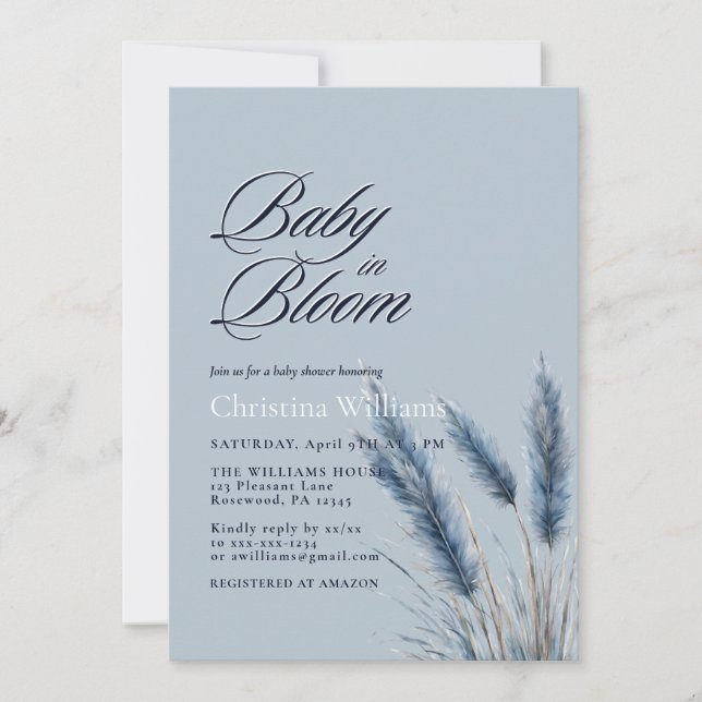 Baby in Bloom Dusty Blue Pampas Baby Shower Invitation (Front)