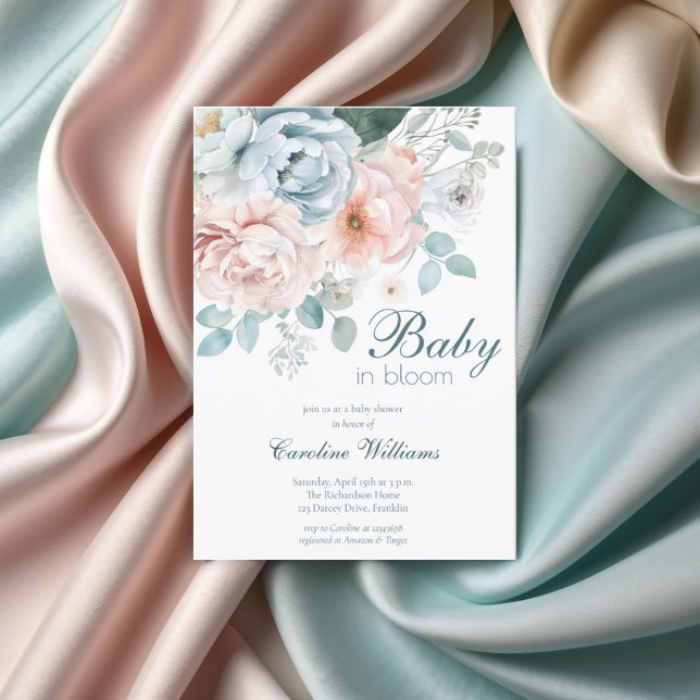 Baby In Bloom Dusty Blue Spring Floral Shower Invitation (Creator Uploaded)