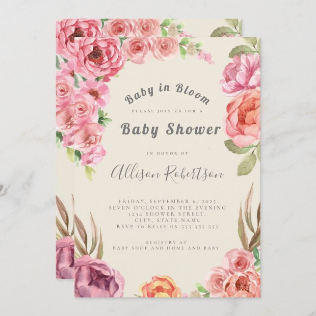 Baby In Bloom Dusty Pink Floral Baby Shower  Invitation (Front/Back)
