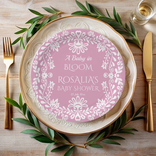 Baby in bloom dusty pink Mexican baby shower Paper Plate (Baby in bloom dusty pink Mexican cielito lindo girls baby shower personalized printed Paper Plates)