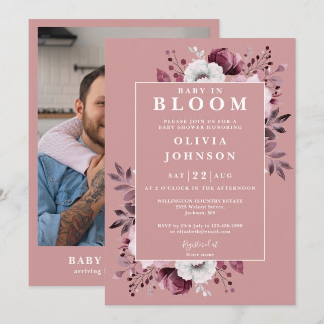 Baby In Bloom Dusty Rose Floral Photo Baby Shower Invitation (Front/Back)