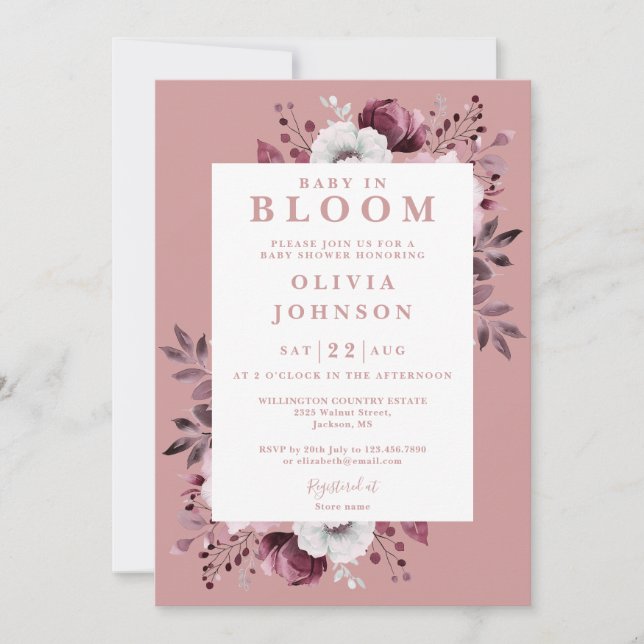 Baby In Bloom Dusty Rose Modern Floral Baby Shower Invitation (Front)