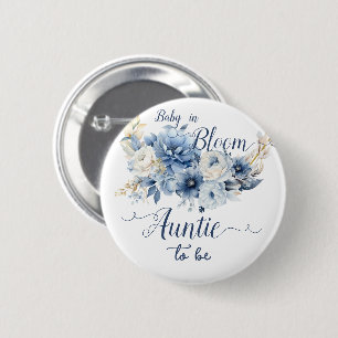 Baby In Bloom Elegant Blue Flowers Auntie-to-be 6 Cm Round Badge