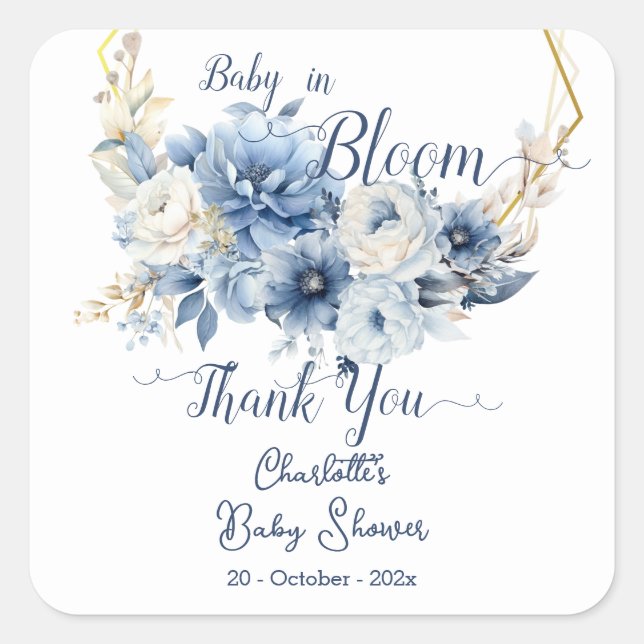 Baby In Bloom Elegant Blue Flowers Baby Shower Square Sticker (Front)