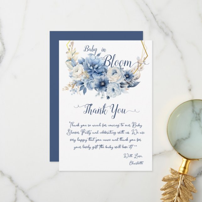 Baby In Bloom Elegant Blue Flowers Baby Shower Thank You Card (Front/Back In Situ)