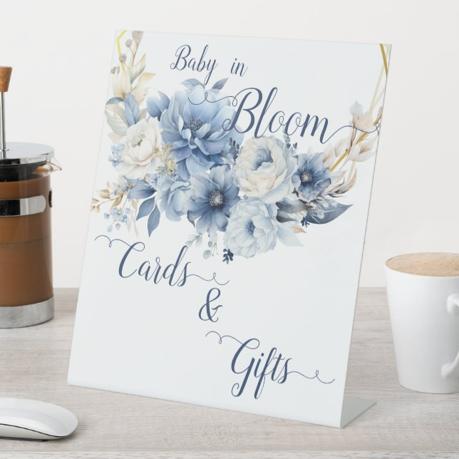 Baby In Bloom Elegant Blue Flowers Cards & Gifts Pedestal Sign (In SItu)