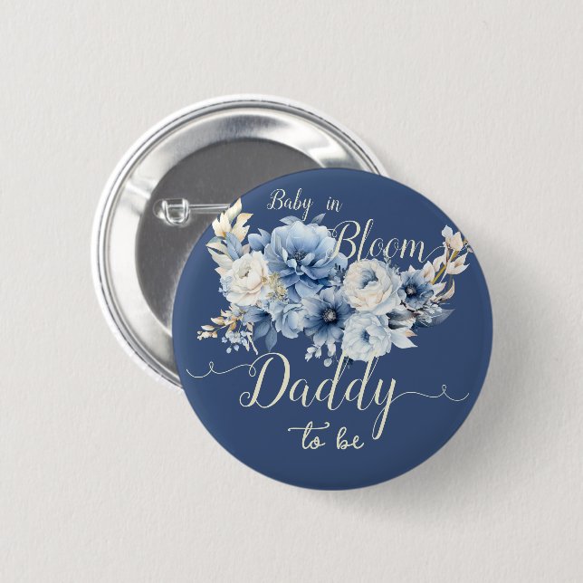 Baby In Bloom Elegant Blue Flowers Daddy-to-be 6 Cm Round Badge (Front & Back)