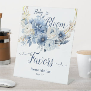 Baby In Bloom Elegant Blue Flowers Favors Pedestal Sign