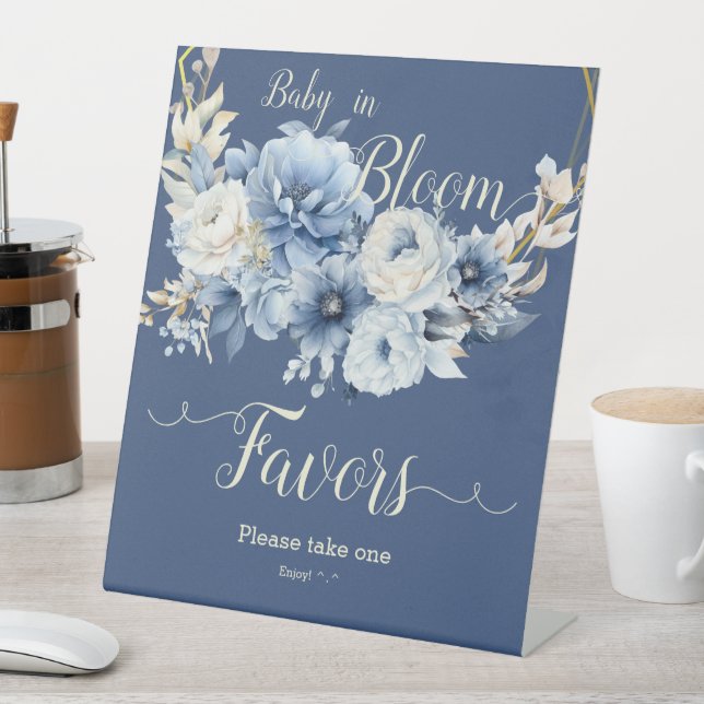 Baby In Bloom Elegant Blue Flowers Favours Pedestal Sign (In SItu)