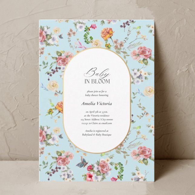 Baby in Bloom Elegant Blue Watercolor Baby Shower Invitation (Creator Uploaded)