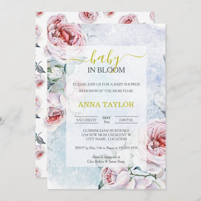 Baby in Bloom Elegant Floral Blue Baby Shower Invitation (Front/Back)