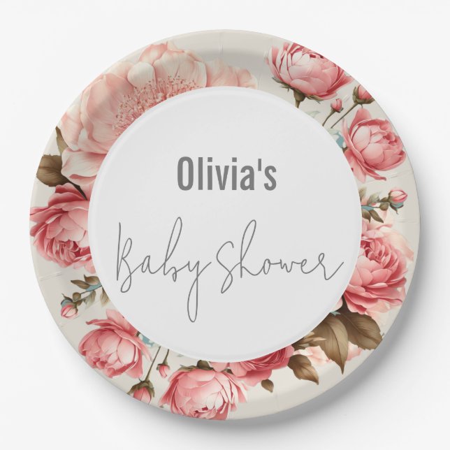 Baby in Bloom Elegant Flower Pink Baby Shower Paper Plate (Front)