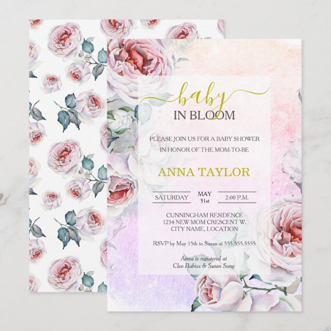 Baby in Bloom Elegant Pink Floral Baby Shower Invitation (Front/Back)
