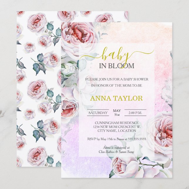 Baby in Bloom Elegant Pink Floral Baby Shower Invitation (Front/Back)