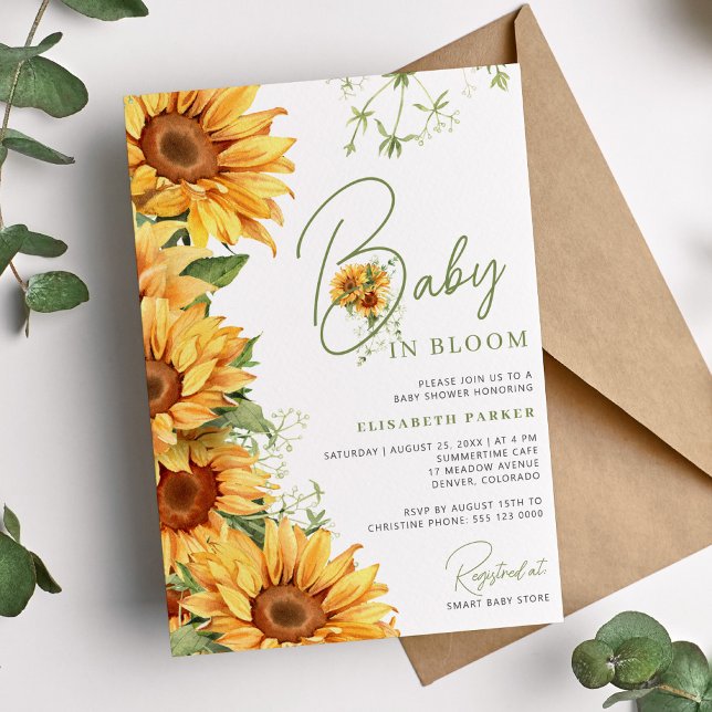 Baby in bloom elegant sunflower floral baby shower invitation (Creator Uploaded)