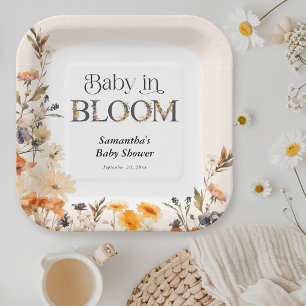 Baby in Bloom Elegant Watercolor Fall Wildflowers Paper Plate