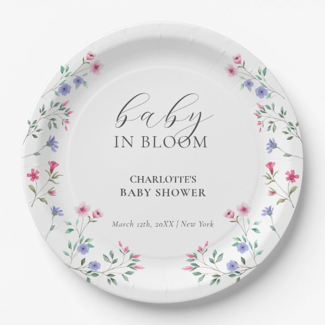 Baby In Bloom | Elegant Wildflower Baby Shower Paper Plate (Front)