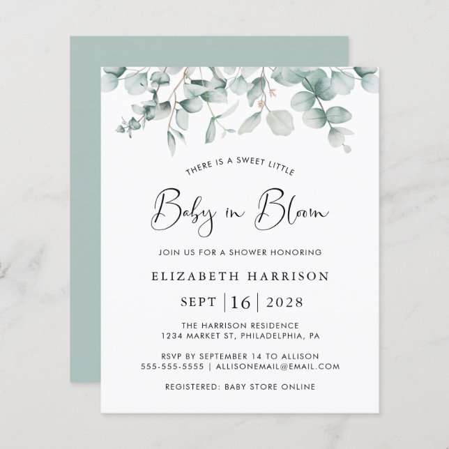 Baby in Bloom Eucalyptus Budget Shower Invitation (Front/Back)