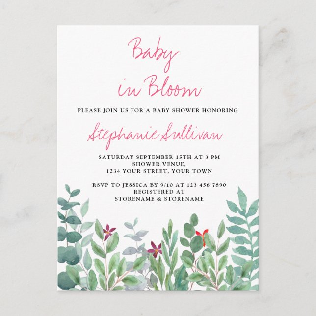 Baby in Bloom Eucalyptus Greenery Baby Shower  Announcement Postcard (Front)