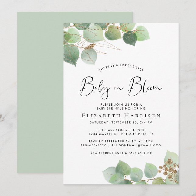 Baby in Bloom Eucalyptus Watercolor Baby Sprinkle Invitation (Front/Back)