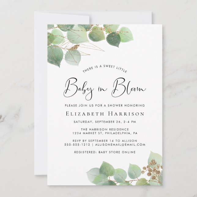 Baby in Bloom Eucalyptus Watercolor Shower Invitation (Front)
